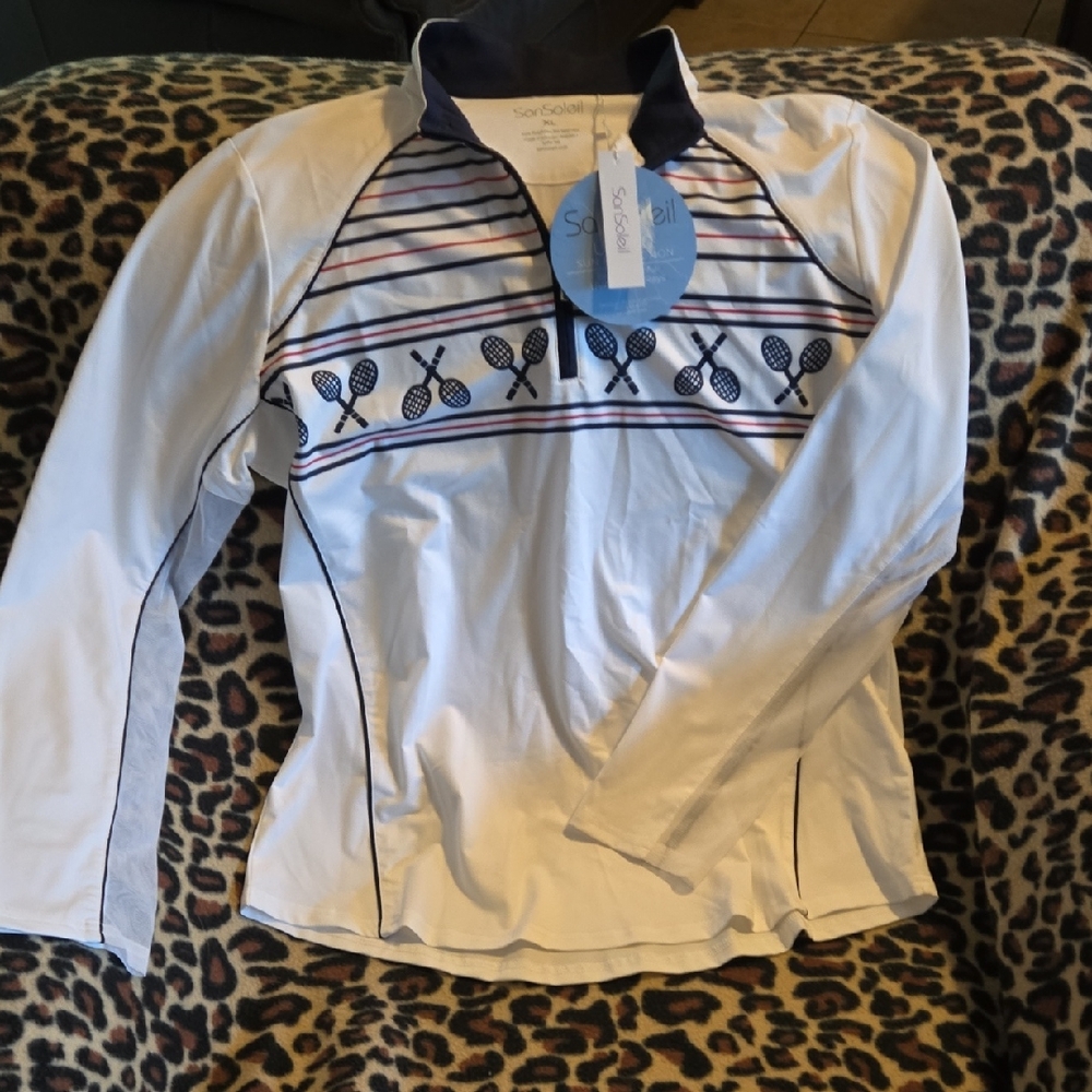 White Long Sleeve Tennis Shirt with Racket Design
